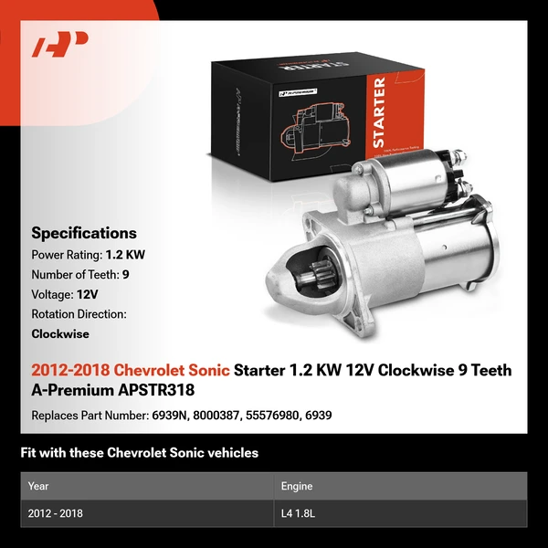 2012-2018 Chevrolet Sonic Starter 1.2 KW 12V Clockwise 9 Teeth A-Premium APSTR318