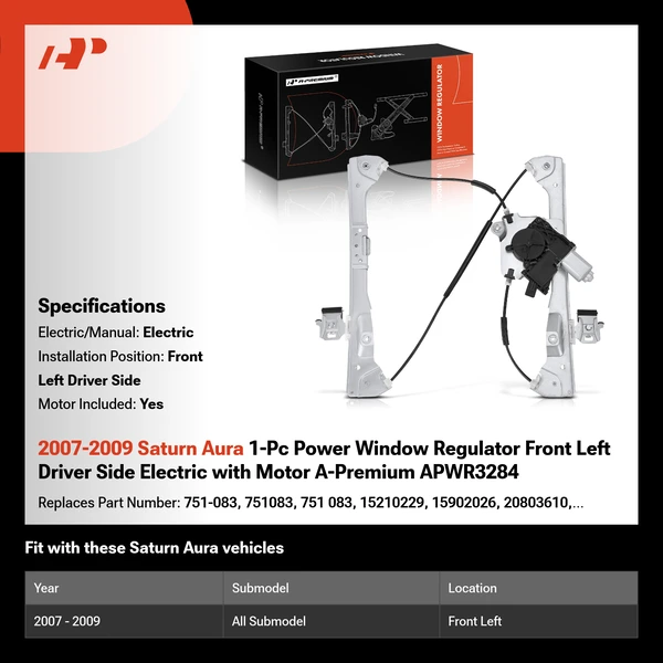 2007-2009 Saturn Aura 1-Pc Power Window Regulator Front Left Driver Side Electric with Motor A-Premium APWR3284