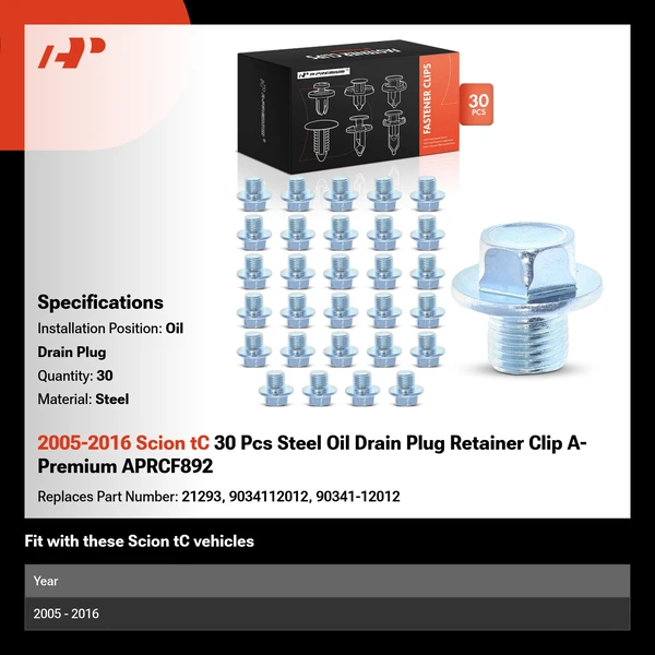 2005-2016 Scion tC 30 Pcs Steel Oil Drain Plug Retainer Clip A-Premium APRCF892