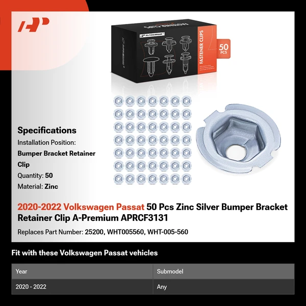 2020-2022 Volkswagen Passat 50 Pcs Zinc Silver Bumper Bracket Retainer Clip A-Premium APRCF3131