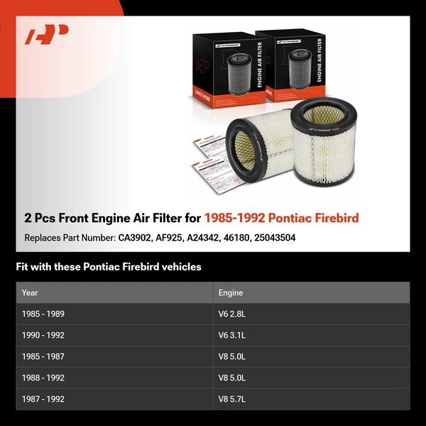 2 Pcs Front Engine Air Filter for 1985-1992 Pontiac Firebird
