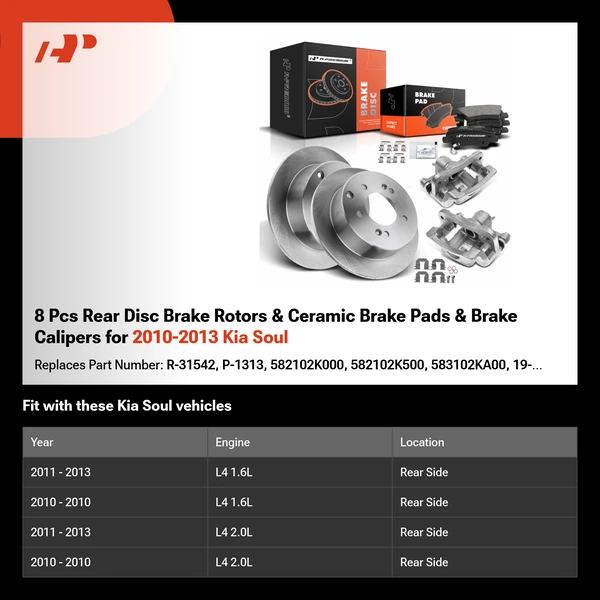 8 Pcs Rear Disc Brake Rotors & Ceramic Brake Pads & Brake Calipers for 2010-2013 Kia Soul