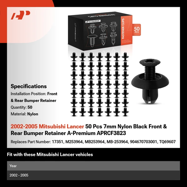 2002-2005 Mitsubishi Lancer 50 Pcs 7mm Nylon Black Front & Rear Bumper Retainer A-Premium APRCF3823