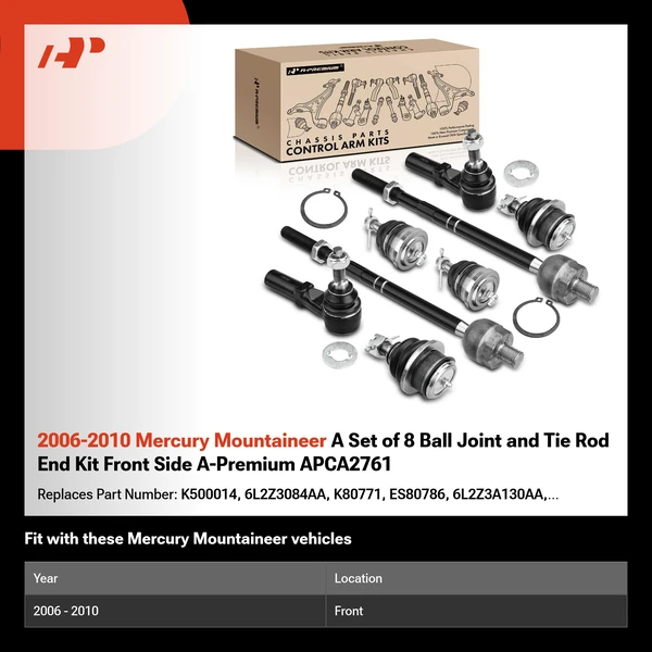 2006-2010 Mercury Mountaineer A Set of 8 Ball Joint and Tie Rod End Kit Front Side A-Premium APCA2761