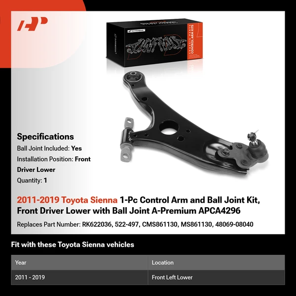 2011-2019 Toyota Sienna 1-Pc Control Arm and Ball Joint Kit, Front Driver Lower with Ball Joint A-Premium APCA4296