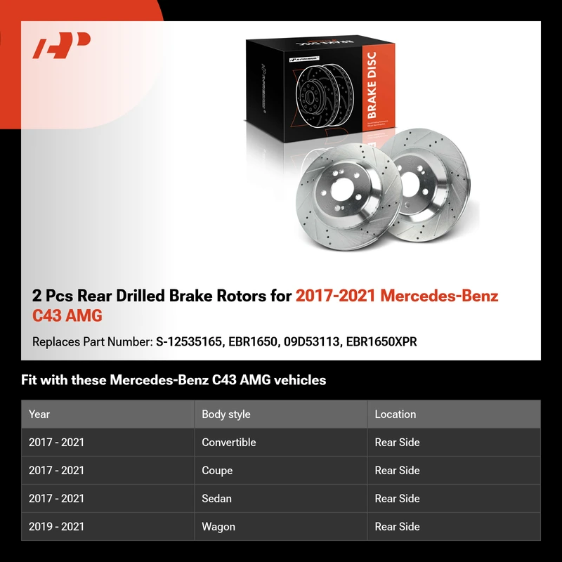 2 Pcs Rear Drilled Brake Rotors for 2017-2021 Mercedes-Benz C43 AMG