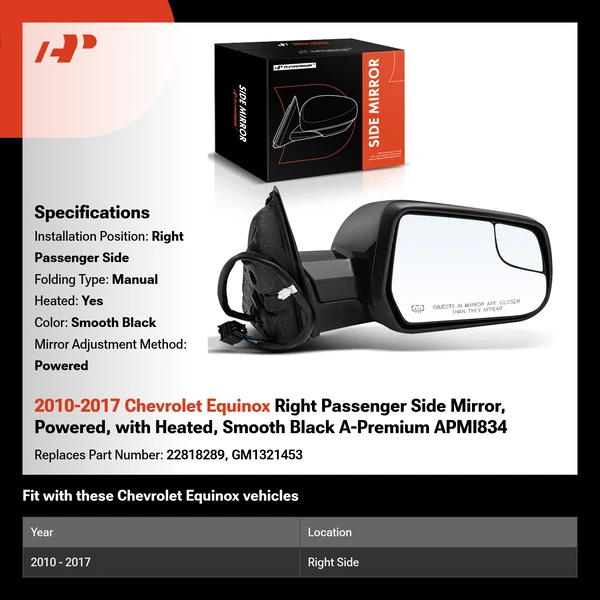 2010-2017 Chevrolet Equinox Right Passenger Side Mirror, Powered, with Heated, Smooth Black A-Premium APMI834