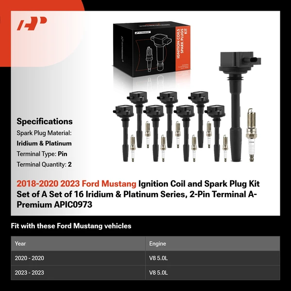 2018-2020 2023 Ford Mustang Ignition Coil and Spark Plug Kit Set of A Set of 16 Iridium & Platinum Series, 2-Pin Terminal A-Premium APIC0973