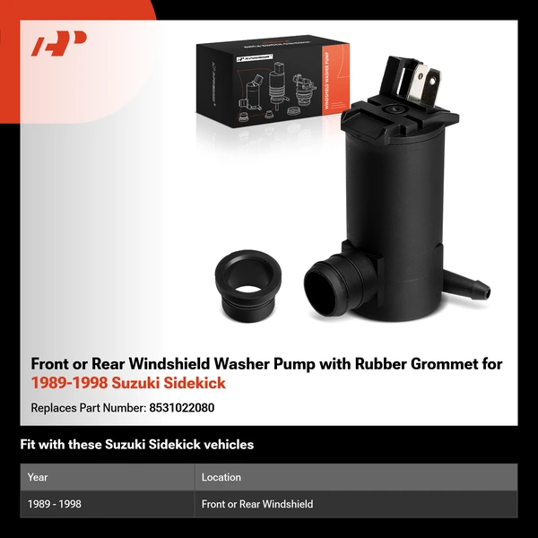 Front or Rear Windshield Washer Pump with Rubber Grommet for 1989-1998 Suzuki Sidekick