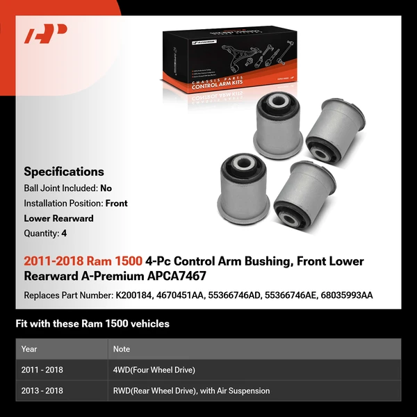 2011-2018 Ram 1500 4-Pc Control Arm Bushing, Front Lower Rearward A-Premium APCA7467