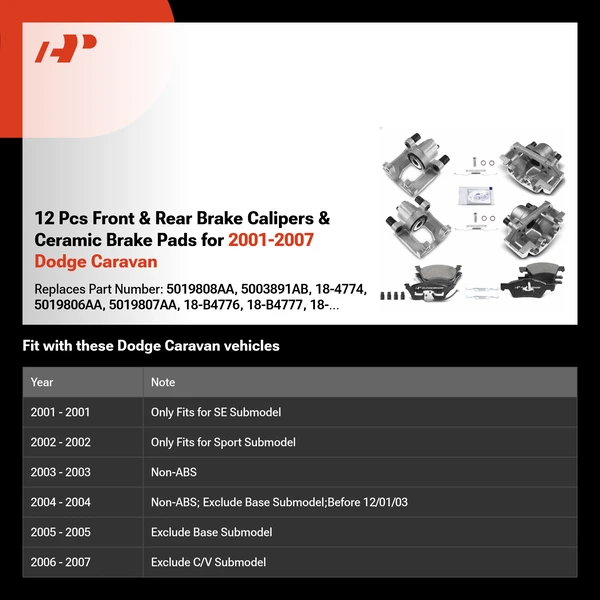 12 Pcs Front & Rear Brake Calipers & Ceramic Brake Pads for 2001-2007 Dodge Caravan