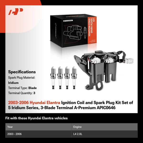 2003-2006 Hyundai Elantra Ignition Coil and Spark Plug Kit Set of 5 Iridium Series, 3-Blade Terminal A-Premium APIC0646