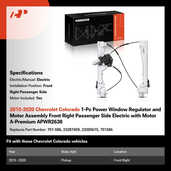 2015-2020 Chevrolet Colorado 1-Pc Power Window Regulator and Motor Assembly Front Right Passenger Side Electric with Motor A-Premium APWR2638