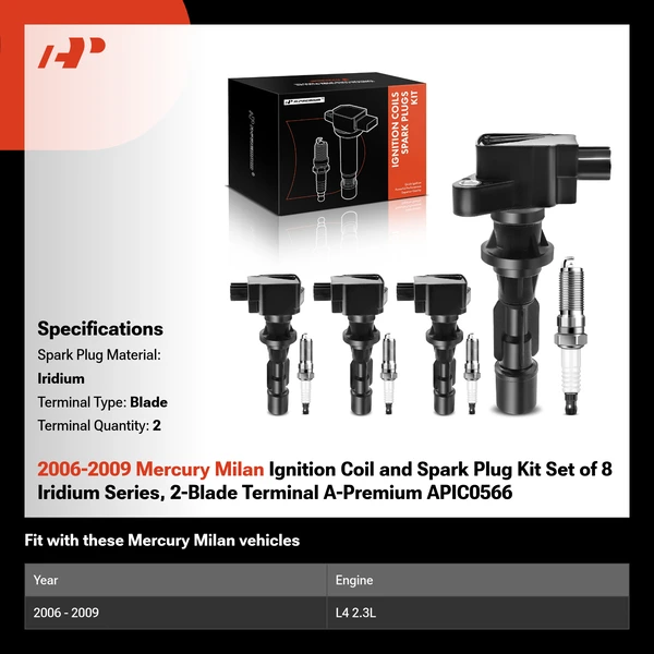 2006-2009 Mercury Milan Ignition Coil and Spark Plug Kit Set of 8 Iridium Series, 2-Blade Terminal A-Premium APIC0566