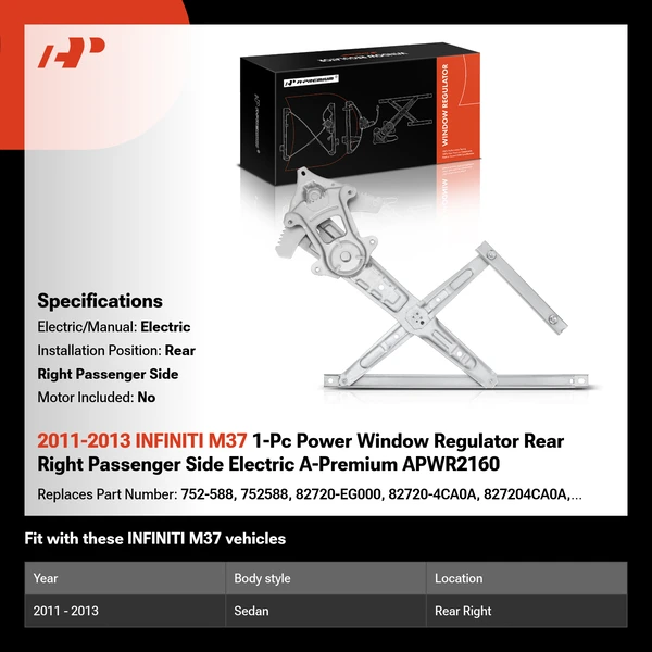 2011-2013 INFINITI M37 1-Pc Power Window Regulator Rear Right Passenger Side Electric A-Premium APWR2160