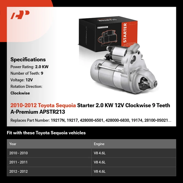 2010-2012 Toyota Sequoia Starter 2.0 KW 12V Clockwise 9 Teeth A-Premium APSTR213