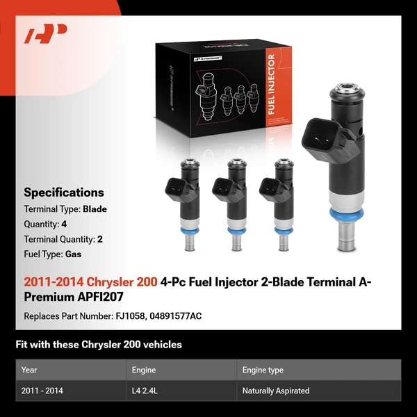 2011-2014 Chrysler 200 4-Pc Fuel Injector 2-Blade Terminal A-Premium APFI207