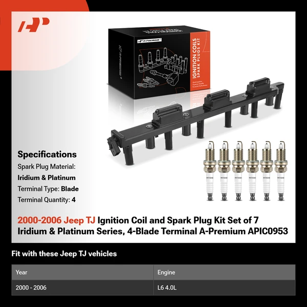 2000-2006 Jeep TJ Ignition Coil and Spark Plug Kit Set of 7 Iridium & Platinum Series, 4-Blade Terminal A-Premium APIC0953