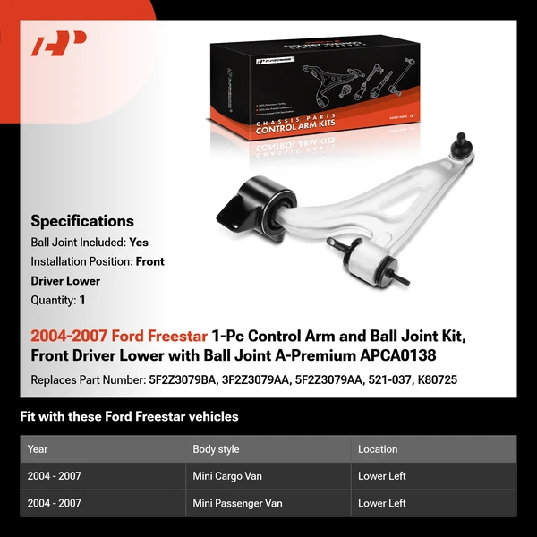 2004-2007 Ford Freestar 1-Pc Control Arm and Ball Joint Kit, Front Driver Lower with Ball Joint A-Premium APCA0138