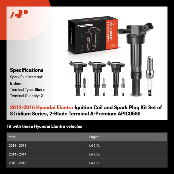 2012-2016 Hyundai Elantra Ignition Coil and Spark Plug Kit Set of 8 Iridium Series, 2-Blade Terminal A-Premium APIC0580
