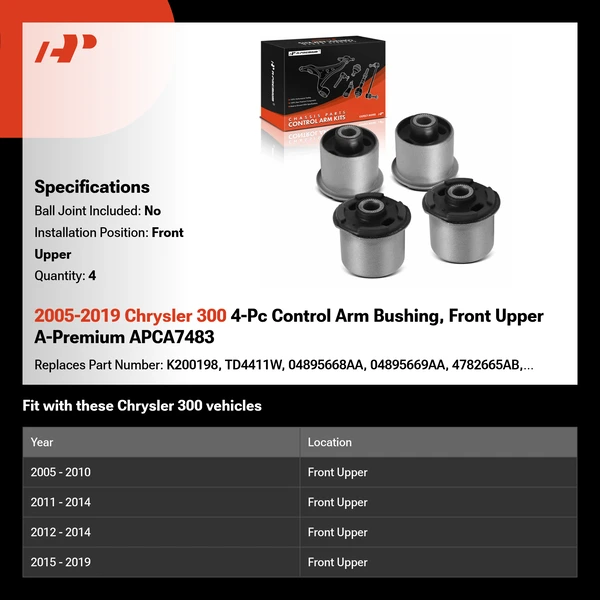 2005-2019 Chrysler 300 4-Pc Control Arm Bushing, Front Upper A-Premium APCA7483