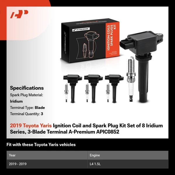 2019 Toyota Yaris Ignition Coil and Spark Plug Kit Set of 8 Iridium Series, 3-Blade Terminal A-Premium APIC0852