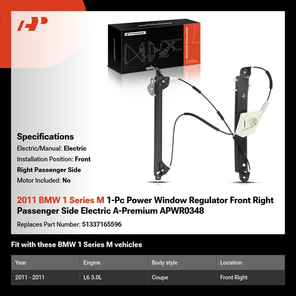 2011 BMW 1 Series M 1-Pc Power Window Regulator Front Right Passenger Side Electric A-Premium APWR0348