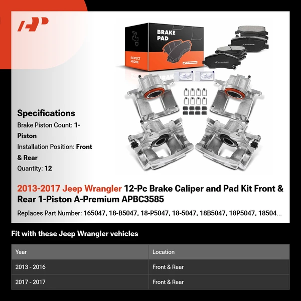 2013-2017 Jeep Wrangler 12-Pc Brake Caliper and Pad Kit Front & Rear 1-Piston A-Premium APBC3585