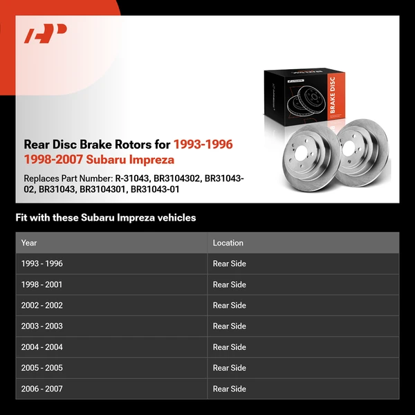Rear Disc Brake Rotors for 1993-1996 1998-2007 Subaru Impreza