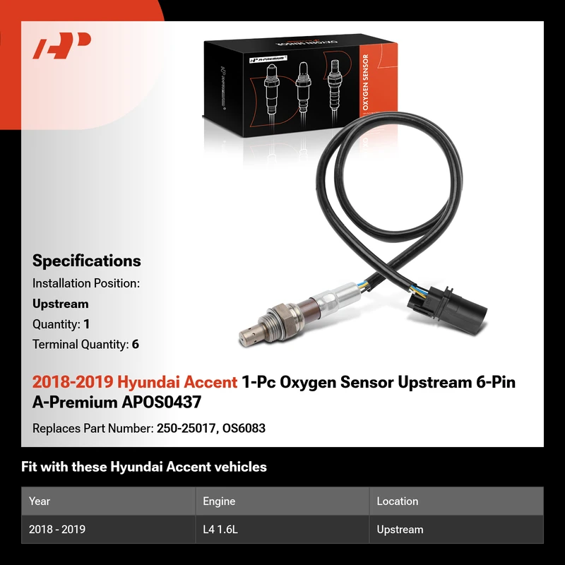 2018-2019 Hyundai Accent 1-Pc Oxygen Sensor Upstream 6-Pin A-Premium APOS0437