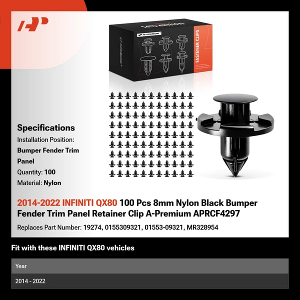 2014-2022 INFINITI QX80 100 Pcs 8mm Nylon Black Bumper Fender Trim Panel Retainer Clip A-Premium APRCF4297