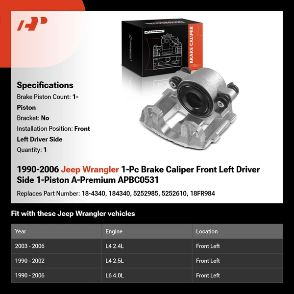 1990-2006 Jeep Wrangler 1-Pc Brake Caliper Front Left Driver Side 1-Piston A-Premium APBC0531