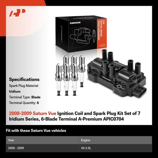 2008-2009 Saturn Vue Ignition Coil and Spark Plug Kit Set of 7 Iridium Series, 6-Blade Terminal A-Premium APIC0704