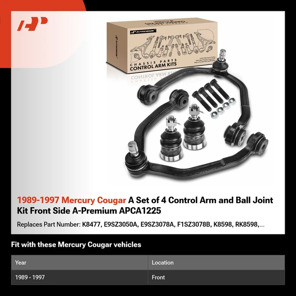 1989-1997 Mercury Cougar A Set of 4 Control Arm and Ball Joint Kit Front Side A-Premium APCA1225