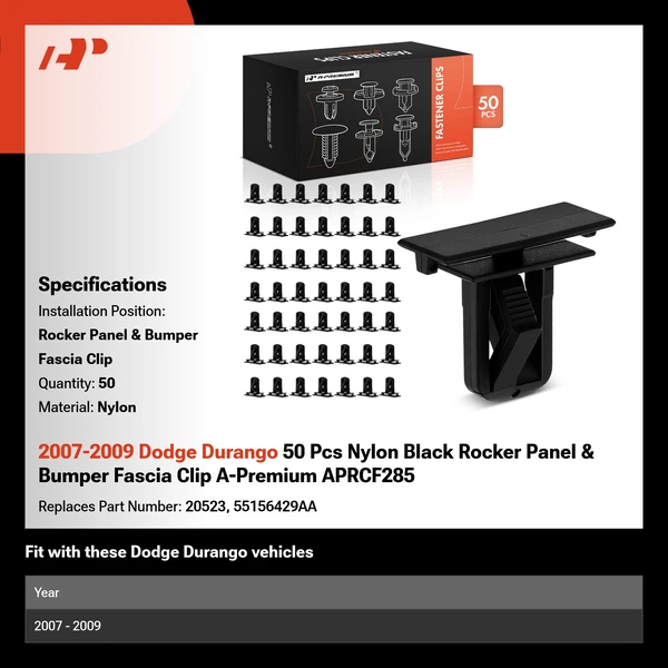 2007-2009 Dodge Durango 50 Pcs Nylon Black Rocker Panel & Bumper Fascia Clip A-Premium APRCF285