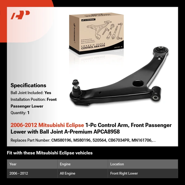 2006-2012 Mitsubishi Eclipse 1-Pc Control Arm, Front Passenger Lower with Ball Joint A-Premium APCA8958