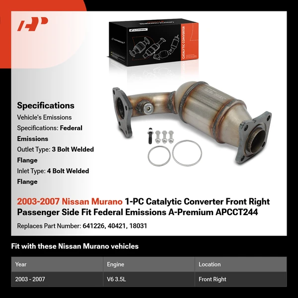 2003-2007 Nissan Murano 1-PC Catalytic Converter Front Right Passenger Side Fit Federal Emissions A-Premium APCCT244