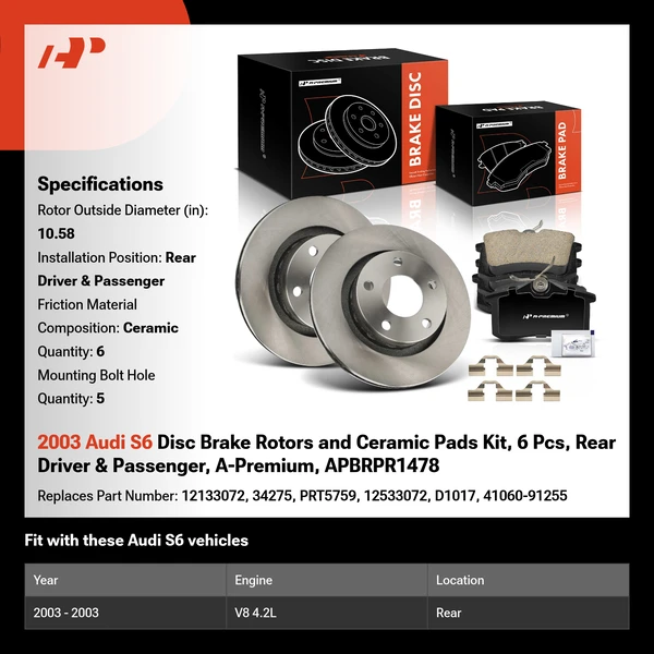 2003 Audi S6 Disc Brake Rotors and Ceramic Pads Kit, 6 Pcs, Rear Driver & Passenger, A-Premium, APBRPR1478