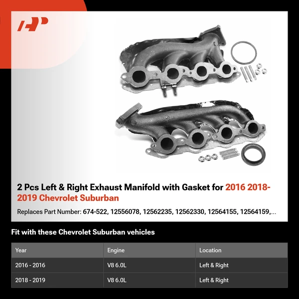 2 Pcs Left & Right Exhaust Manifold with Gasket for 2016 2018-2019 Chevrolet Suburban