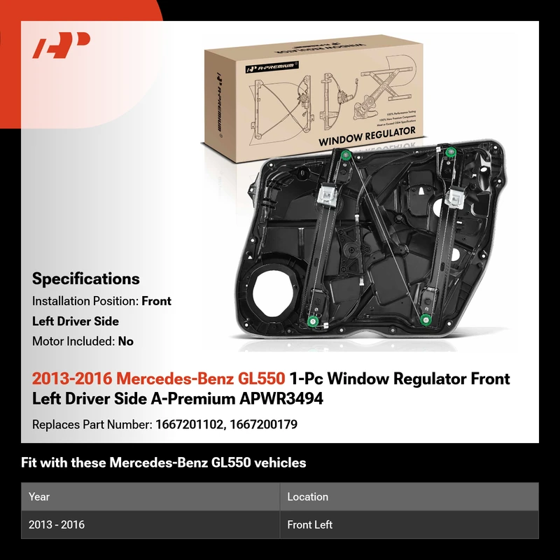 2013-2016 Mercedes-Benz GL550 1-Pc Window Regulator Front Left Driver Side A-Premium APWR3494