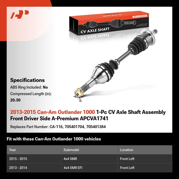 2013-2015 Can-Am Outlander 1000 1-Pc CV Axle Shaft Assembly Front Driver Side A-Premium APCVA1741