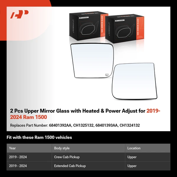 2 Pcs Upper Mirror Glass with Heated & Power Adjust for 2019-2024 Ram 1500