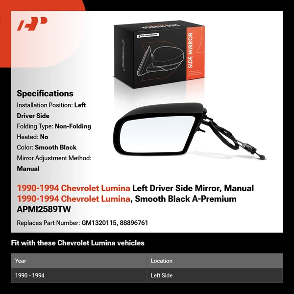 1990-1994 Chevrolet Lumina Left Driver Side Mirror, Manual 1990-1994 Chevrolet Lumina, Smooth Black A-Premium APMI2589TW