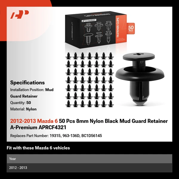 2012-2013 Mazda 6 50 Pcs 8mm Nylon Black Mud Guard Retainer A-Premium APRCF4321