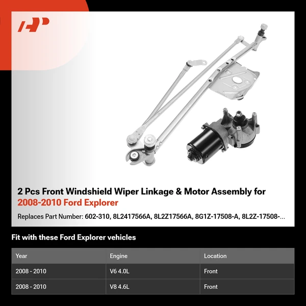 2 Pcs Front Windshield Wiper Linkage & Motor Assembly for 2008-2010 Ford Explorer