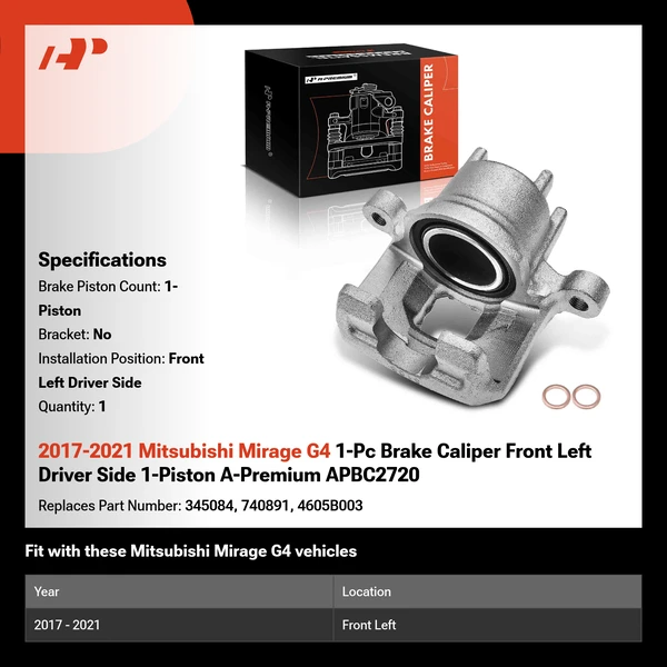2017-2021 Mitsubishi Mirage G4 1-Pc Brake Caliper Front Left Driver Side 1-Piston A-Premium APBC2720