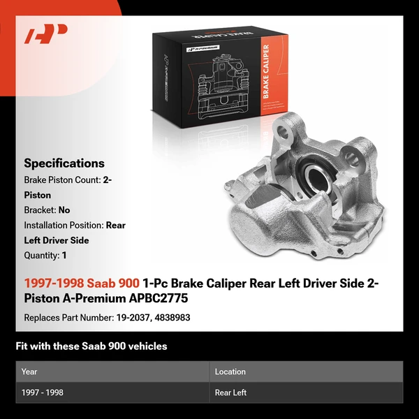 1997-1998 Saab 900 1-Pc Brake Caliper Rear Left Driver Side 2-Piston A-Premium APBC2775