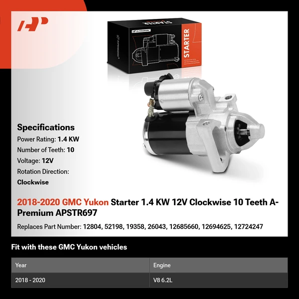 2018-2020 GMC Yukon Starter 1.4 KW 12V Clockwise 10 Teeth A-Premium APSTR697