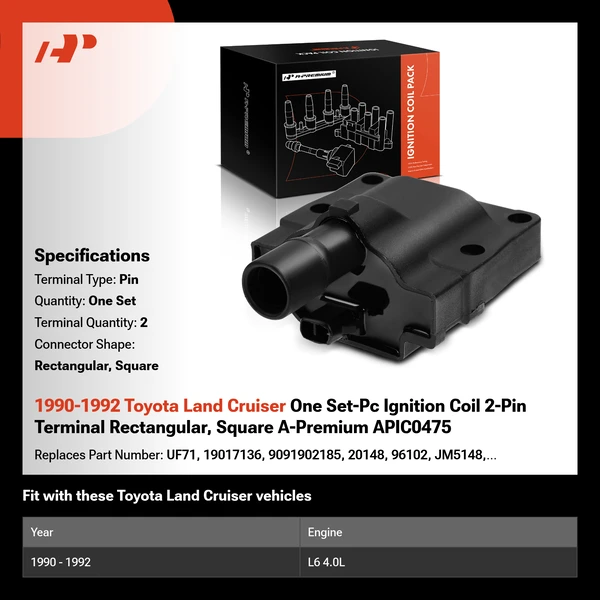 1990-1992 Toyota Land Cruiser One Set-Pc Ignition Coil 2-Pin Terminal Rectangular, Square A-Premium APIC0475