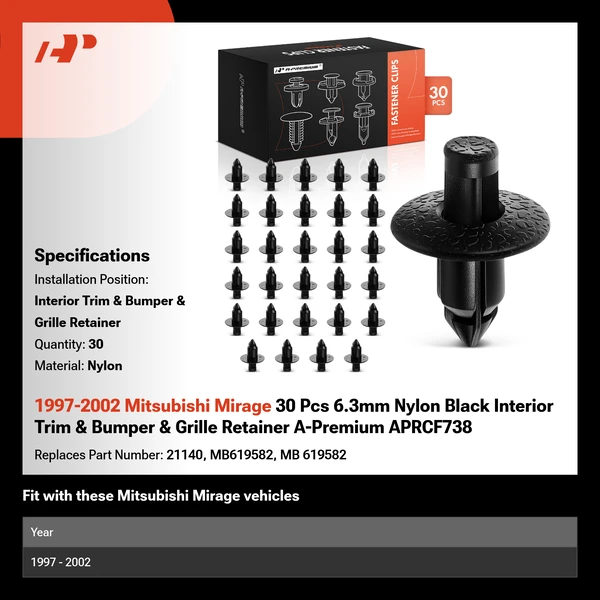 1997-2002 Mitsubishi Mirage 30 Pcs 6.3mm Nylon Black Interior Trim & Bumper & Grille Retainer A-Premium APRCF738
